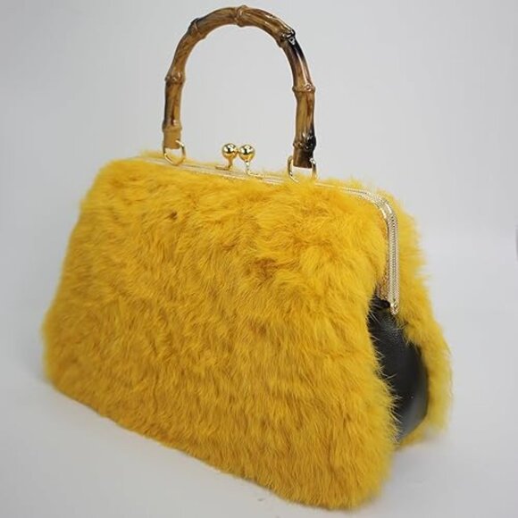 Neiman Marcus Curly Rabbit Fur Bamboo-Style Handle and Gold Kisslock Bag - Picture 2 of 6